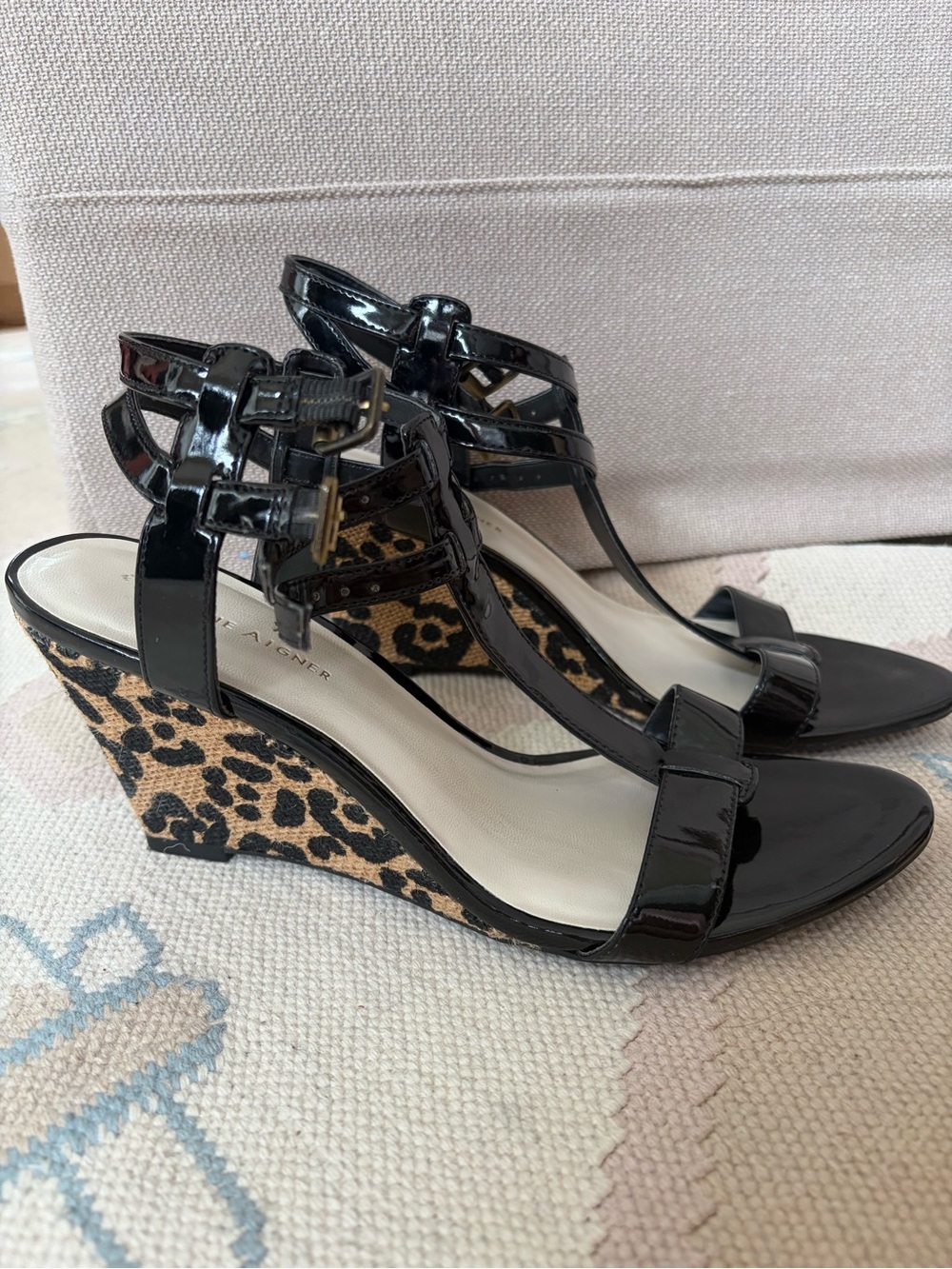 Etienne Aigner Black Patent Wedge Sandals with Leopard Print Wedge